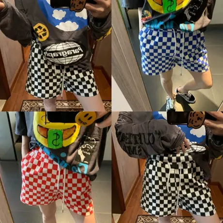 2024年新款夏季棋盘格子薄款卫裤休闲裤高腰阔腿裤运动裤短裤子女商品大图