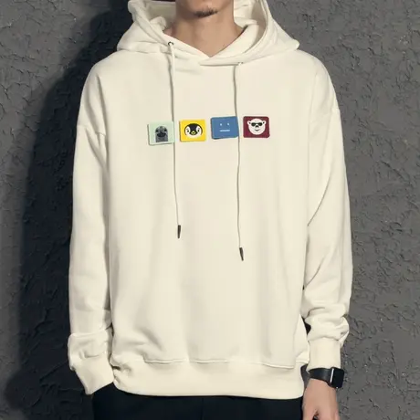 奕飏2020新款魔术贴白色卫衣男秋冬款加绒连帽宽松男秋装上衣潮流商品大图