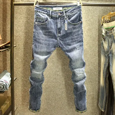 潮牌磨破牛仔裤男个性装饰修身小脚裤男士韩版弹力时尚休闲长裤子商品大图