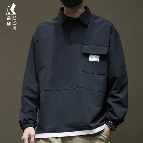 希越假两件速干Polo衫长袖男口袋2023秋冬新款男士宽松大码体恤衫商品大图