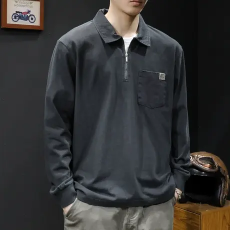 春季2024新款长袖t恤男纯棉潮牌宽松大码内搭拉链男士POLO领春秋商品大图