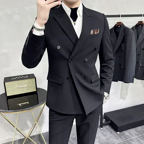 戗驳领双排扣西服男套装秋冬加厚大码外套修身痞帅商务职业正装潮商品大图