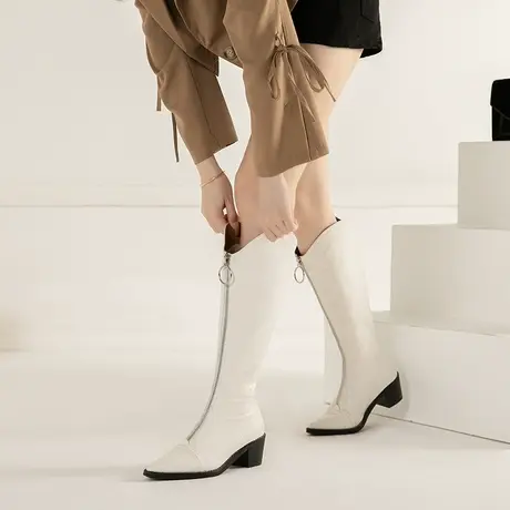 白色v口长靴女不过膝小个子显瘦2024年新款前拉链粗跟高筒骑士靴图片