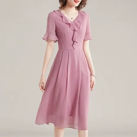 【1件7.9折】短袖女夏装新品修身雪纺裙气质优雅荷叶边大摆连衣裙商品大图