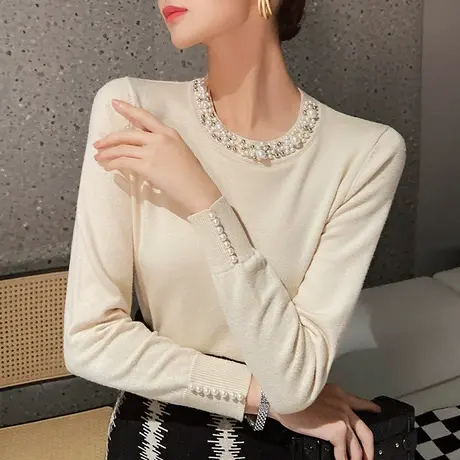 粉红大布娃娃2022新款气质钉珠圆领针织衫简约百搭打底衫上衣女春商品大图