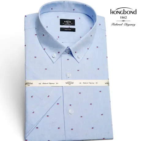 红邦创衣 2023新夏款亚麻清爽短袖衬衫男士蓝色半袖小领时尚印花图片