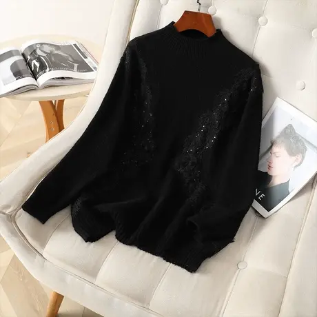 2024春季新款黑色半高领毛衣大码女装胖mm亮片上衣时尚宽松针织衫图片