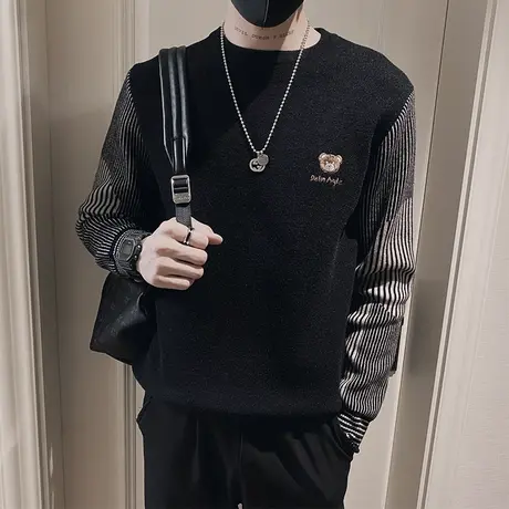 假两件拼接条纹毛衣男秋冬2023新款潮牌重磅加厚保暖内搭针织衫商品大图