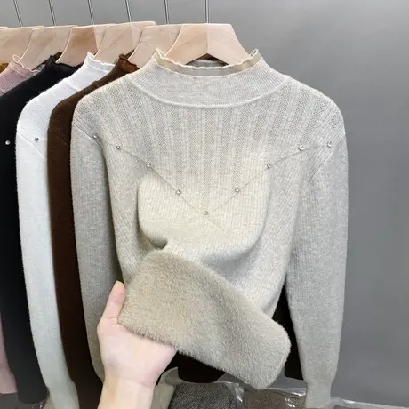 一体绒半高领毛衣女加绒厚打底衫2023秋冬新款钉珠针织衫内搭上衣商品大图