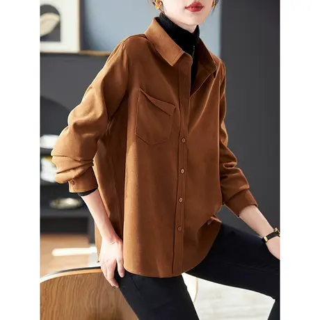 宝诗黎OL宽松纯色休闲美拉德长袖衬衫2024春季新款内搭叠穿衬衣女商品大图