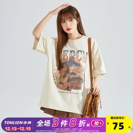 [YEP联名]唐狮短袖T恤女美式复古夏季2023新款宽松休闲上衣小众x商品大图