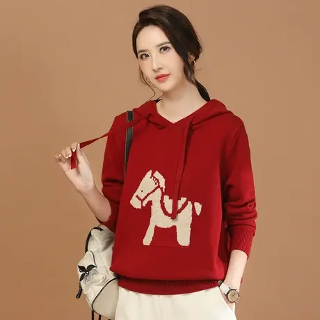 韩潮袭人提花连帽套头红色毛衣女2023冬季新款打底针织衫上衣图片