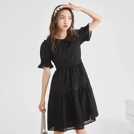 唐狮黑色淑女连衣裙简约风连衣裙女士收腰气质长裙高级时尚裙子图片