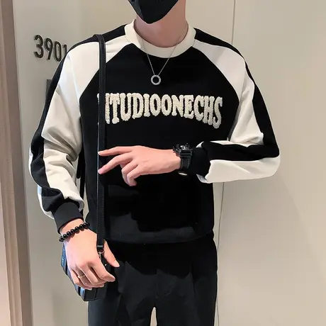 秋季潮牌拼色插肩袖长袖圆领2023春秋新款字母印花INS休闲卫衣T恤商品大图