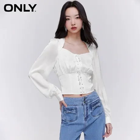 ONLY奥莱2023春夏新款舒适轻薄满印长袖方领系带雪纺衫图片