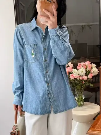 韩国东大门2024早春新款韩版通勤小清新刺绣文艺气质百搭牛仔衬衣商品大图