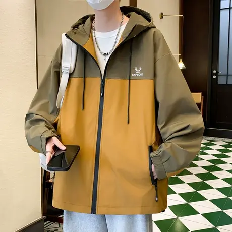 男士外套春秋季潮牌时尚休闲男生2024秋冬款拼接撞色冲锋衣夹克衫商品大图