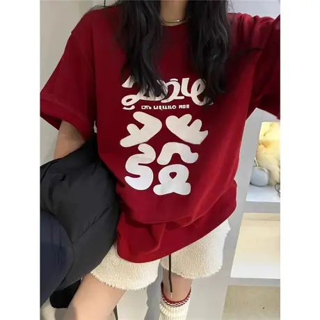 韩国东大门24冬季新款新年氛围感印花宽松显瘦圆领磨毛短袖T恤女图片