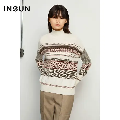 INSUN恩裳冬季几何图形羊毛羊绒针织衫图片