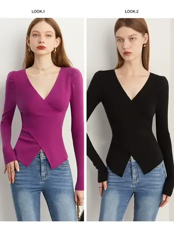 DPLAY复古简约气质小蛮腰法式交叠v领针织衫毛衣商品大图