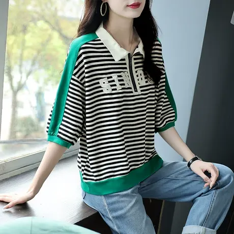 宝诗黎字母刺绣新款条纹上衣夏季2023撞色拉链七分袖T恤衫女宽松商品大图
