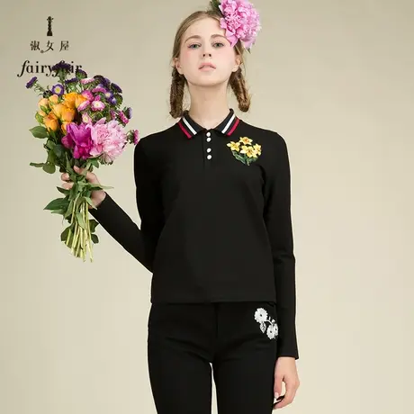 淑女屋秋冬装长袖打底衫针织T恤POLO领子黑色宽松弹力修身显瘦女商品大图