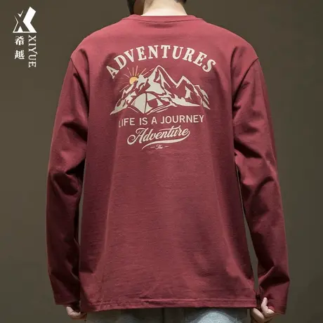 人生旅程印花T恤男2024春季款宽松大码酒红色打底衫男士长袖上衣商品大图