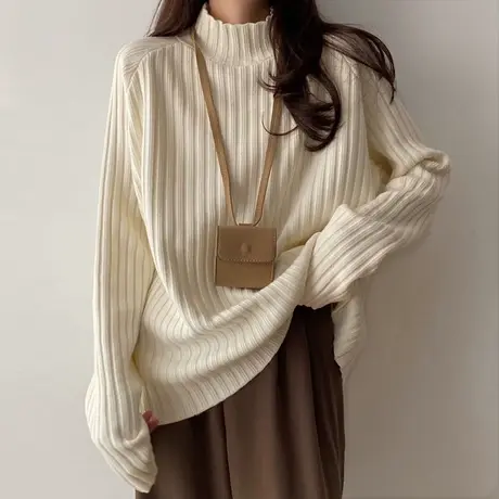 半高领针织打底衫女秋冬内搭加厚温柔风日系复古宽松长袖t恤上衣图片