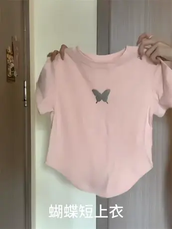粉色蝴蝶正肩短袖t恤女夏2024新款设计感小众甜辣妹显瘦短款上衣商品大图