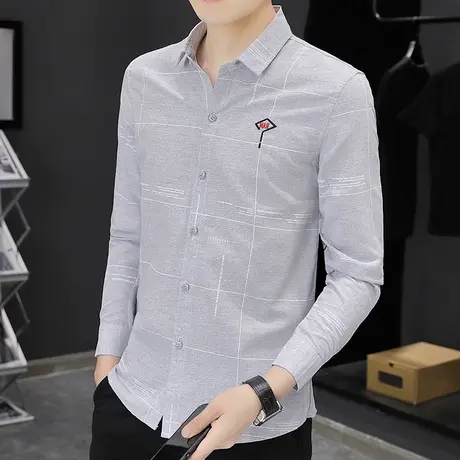 秋季休闲衬衫男长袖韩版简约格子刺绣寸衫潮流百搭青年衬衣外套cs商品大图