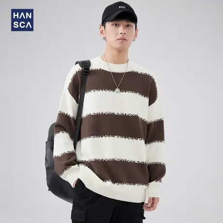 hansca条纹毛衣男冬季2023新款宽松慵懒风潮牌撞色圆领长袖针织衫商品大图