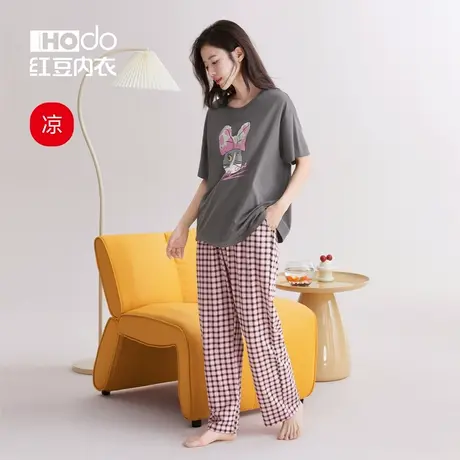 红豆女士家居服套装春夏季凉感短袖长裤透气亲肤可外穿薄款睡衣女商品大图