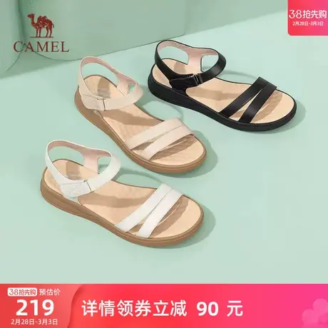 骆驼女鞋夏季新款真皮平底凉鞋女休闲魔术贴软底舒适妈妈凉鞋图片