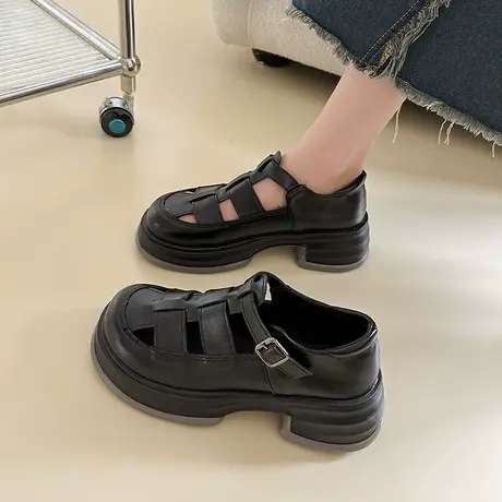 包头罗马凉鞋女款2024新款夏季女鞋百搭法式黑色厚底编织猪笼鞋子商品大图