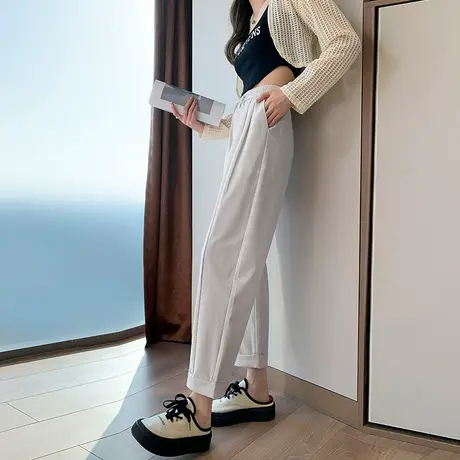 白色直筒裤女春夏新款高腰宽松显瘦小个子挽边阔腿萝卜哈伦灯笼裤图片