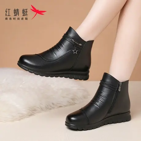 红蜻蜓冬季女鞋平底软底靴子女短靴中筒真皮加绒保暖妈妈皮靴棉鞋商品大图