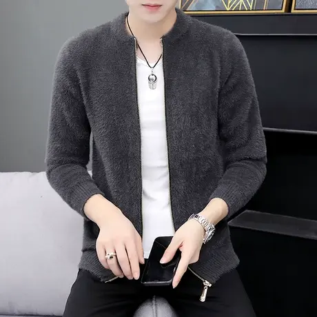 仿水貂绒夹克男士潮流休闲棒球服秋冬季男装加厚拉链开衫毛衣外套商品大图
