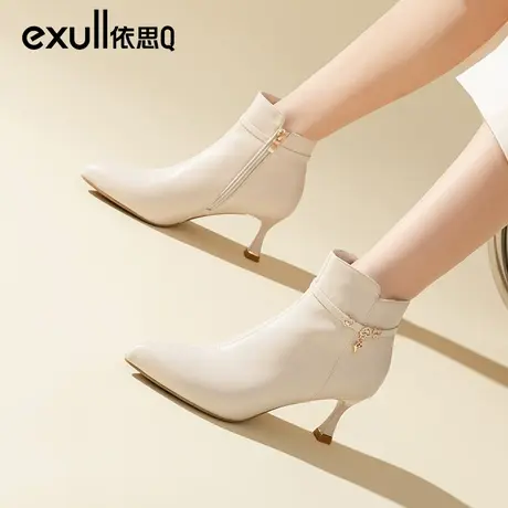 依思q高跟短靴女秋冬踝靴软皮小跟尖头细跟瘦瘦靴法式奶油鞋皮靴商品大图