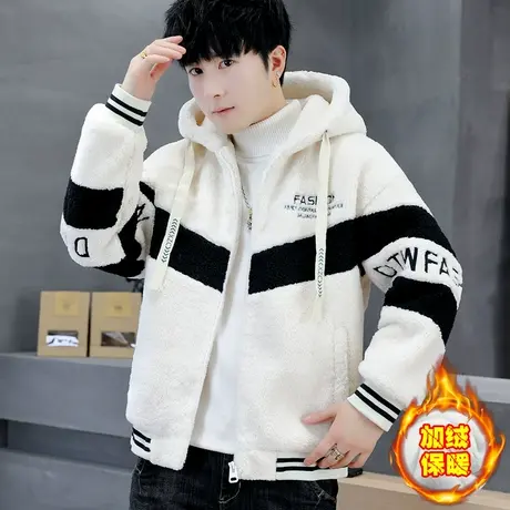 冬季棉服男潮流拼色连帽加绒加厚男生保暖冬装羊羔绒颗粒棉衣外套商品大图
