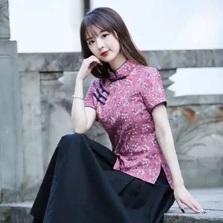 筠雅旗袍式上衣唐装女中国风短袖棉麻复古原创民族风茶服中式女装图片