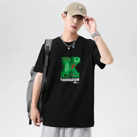 重磅纯棉短袖t恤男潮流印花黑色上衣服夏季宽松全棉半袖圆领体恤商品大图