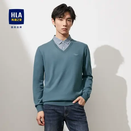HLA/海澜之家绣花双领针织衫2023秋季新款修身打底套头衫假两件男商品大图