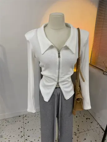 2023早春新款大领口翻领上下双拉链垫肩坑条棉修身开衫女薄短外套商品大图