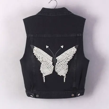 牛仔马甲女短款背心宽松春秋新款大码无袖外套显瘦外搭钉珠蝴蝶黑商品大图