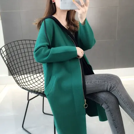 中长款毛衣外套女秋装新款韩版宽松假两件套连帽大衣针织开衫图片