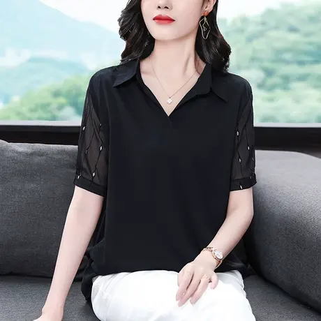 2023夏季新款雪纺衬衫女短袖宽松妈妈翻领衬衫遮肚上衣中老年女装图片