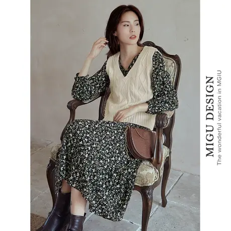 弥古法式麻花针织马甲女春秋短款毛衣背心外穿v领小坎肩毛线外搭商品大图