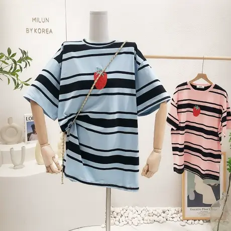 韩国东大门连衣裙夏季新款ins草莓清爽条纹宽松短袖包臀T恤裙大码商品大图