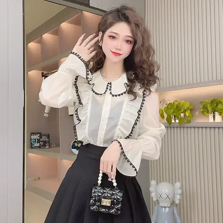 荷叶边雪纺衬衫女小个子法式木耳边温柔衬衣显瘦百搭春夏蕾丝上衣图片