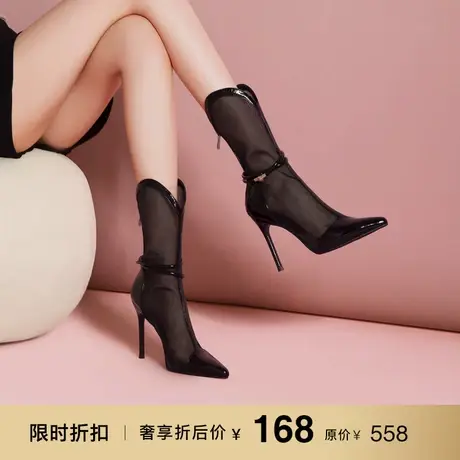 熙漫2023春夏新款尖头细跟拼接网靴时尚优雅百搭通勤宴会高跟女鞋商品大图